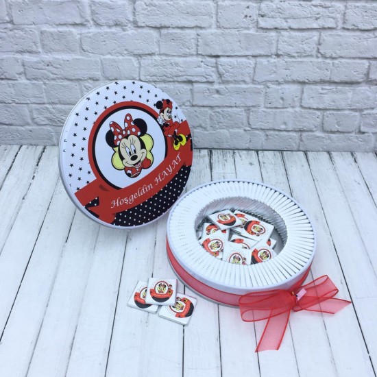 Kız  Bebek Çikolatası Minnie Mouse Temalı  Metal Yuvarlak Kutu 100lü-D001