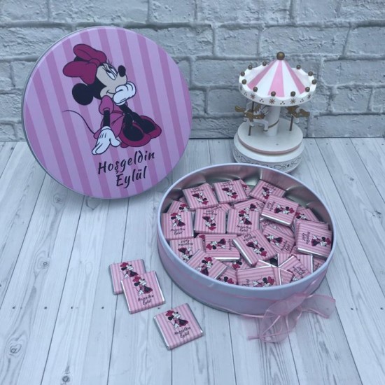 Bebek Çikolatası - Minnie Mouse Tasarım Yuvarlak Metal Kutu 50'li