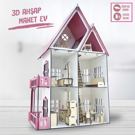 3D Ahşap Maket Pembe Bahçeli Şato- L7010