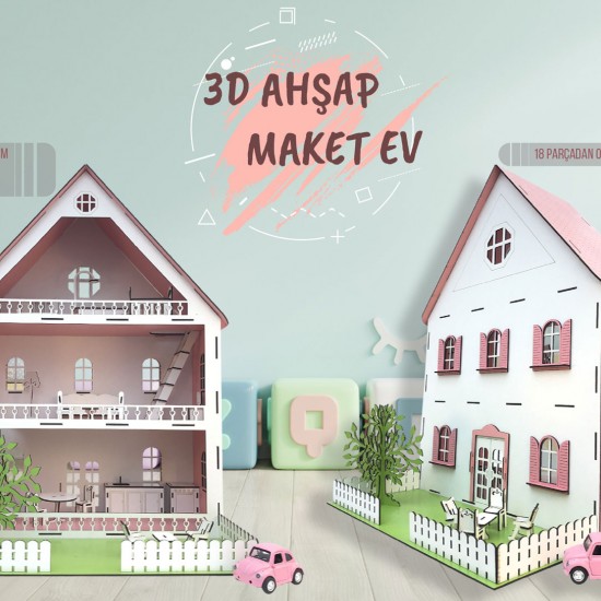 3D Ahşap Maket Pembe Bahçeli Şato- L7010