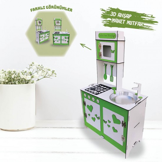 3D Ahşap Maket Yeşil Oyuncak Mutfak - L7044